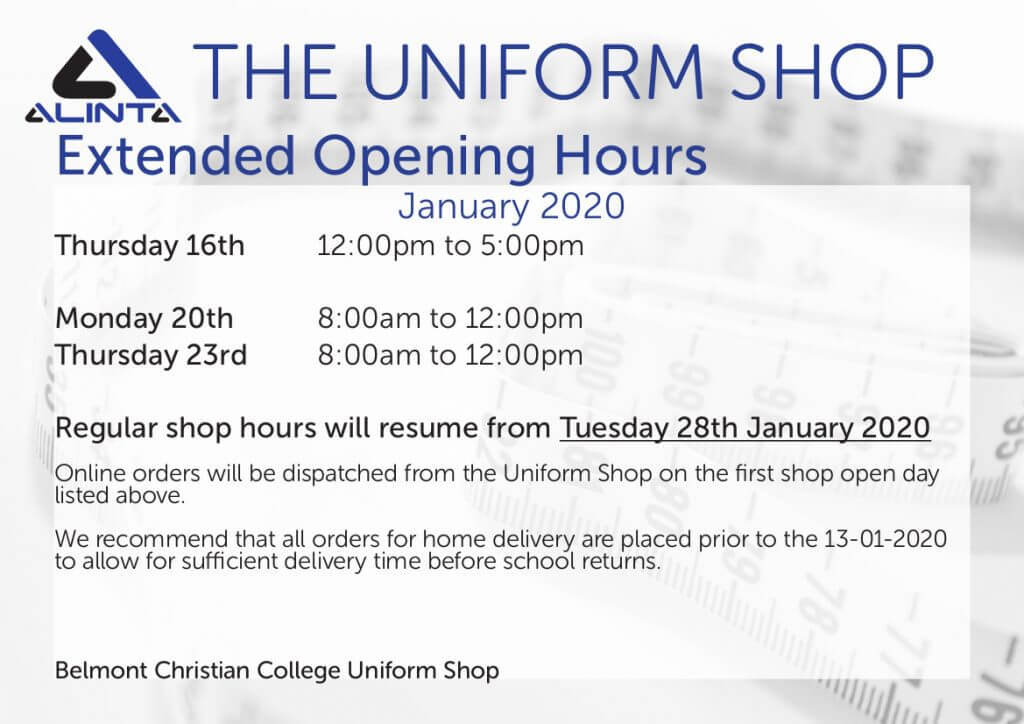 Uniform Shop News, BCC January Hours 2020