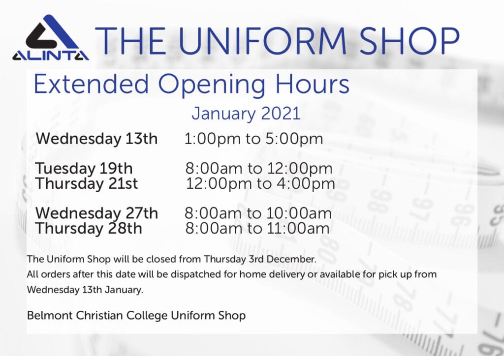 Uniform Shop News, BCC January Hours 2021