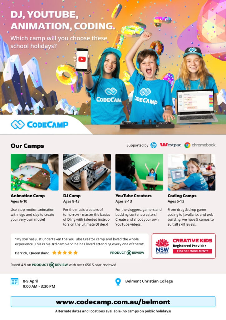 School Holiday Virtual Code Camp, flyer Belmont Christian College Camps Autumn 2021 camp digital