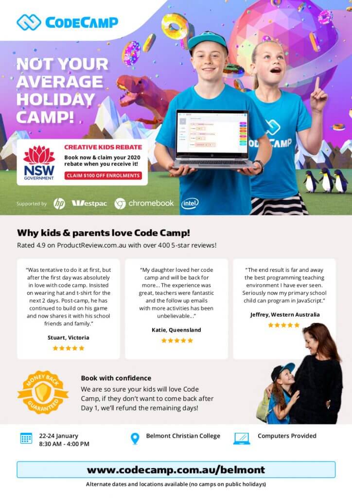 Holiday Code Camp, flyer nsw BelmontCC sum19 digital