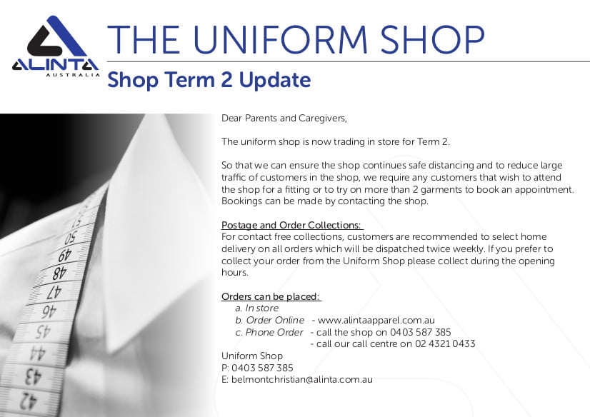 Uniform Shop News, BCC Term 2 Opening Hours 2020