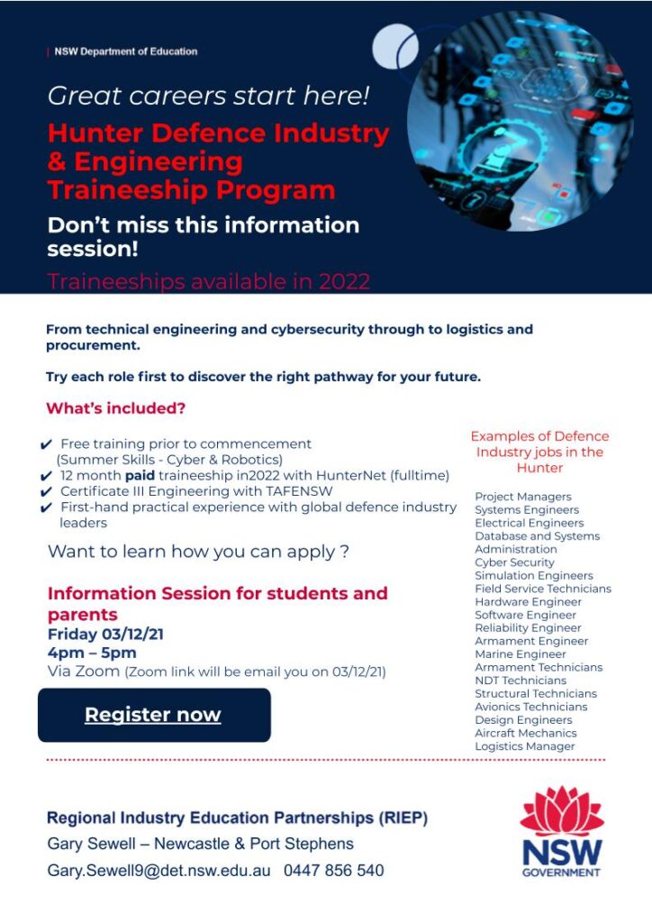 Careers News, Hunter Defence Industry and Engineering Traineeship Program information session invitation.pptx