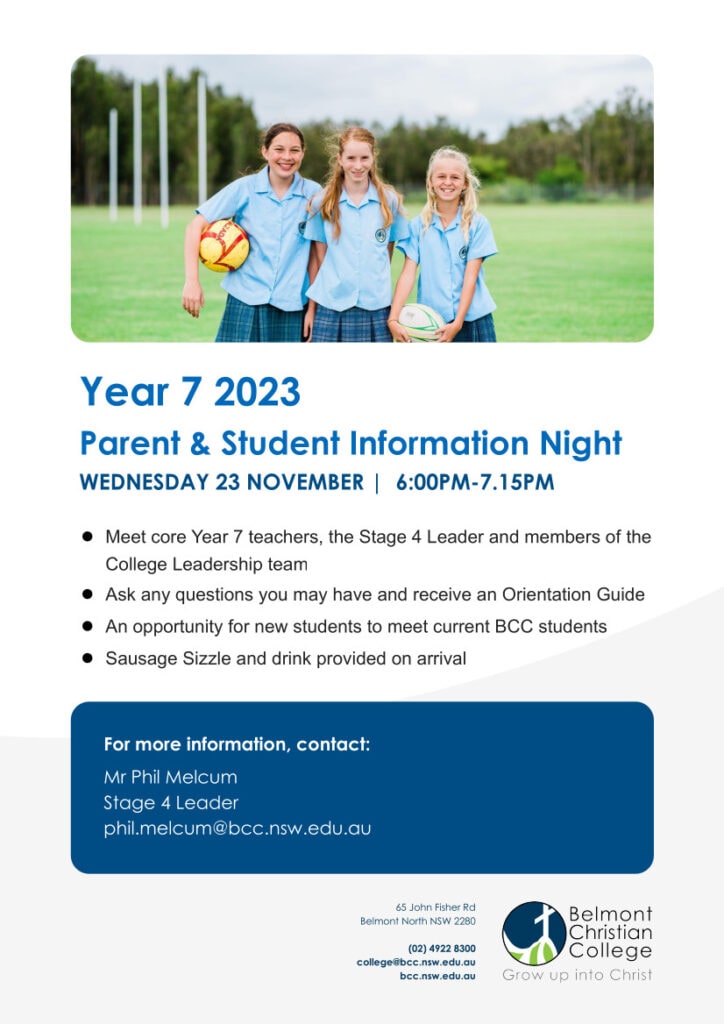 Save the date - Year 7 2023 Orientation, Year 7 Parent Student Info Night Flyer