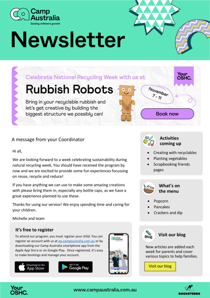OSHC News, term 4 week 4 Newsletter Template Rubbish Robots 1
